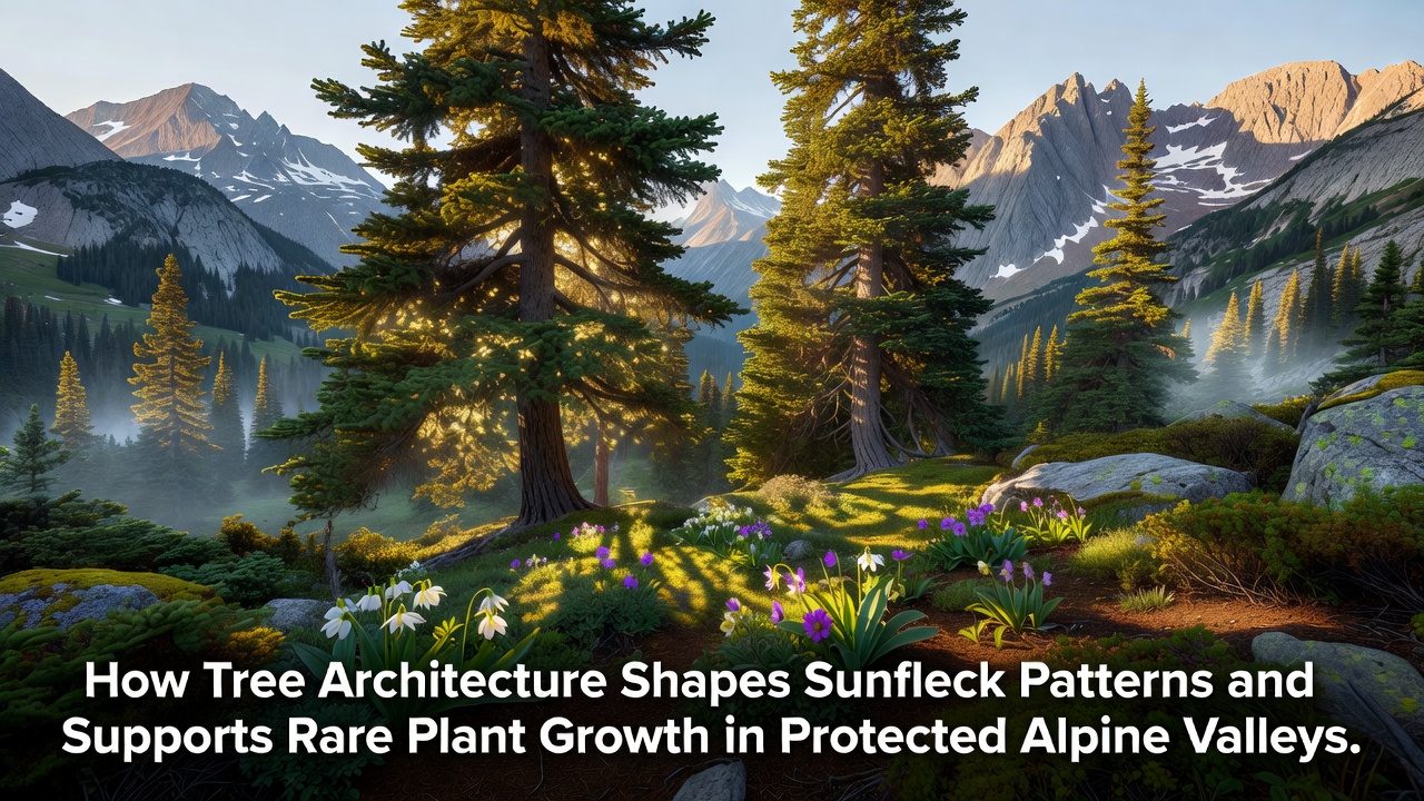 How Tree Architecture Shapes Sunfleck Patterns and Supports Rare Plant Growth in Protected Alpine Valleys