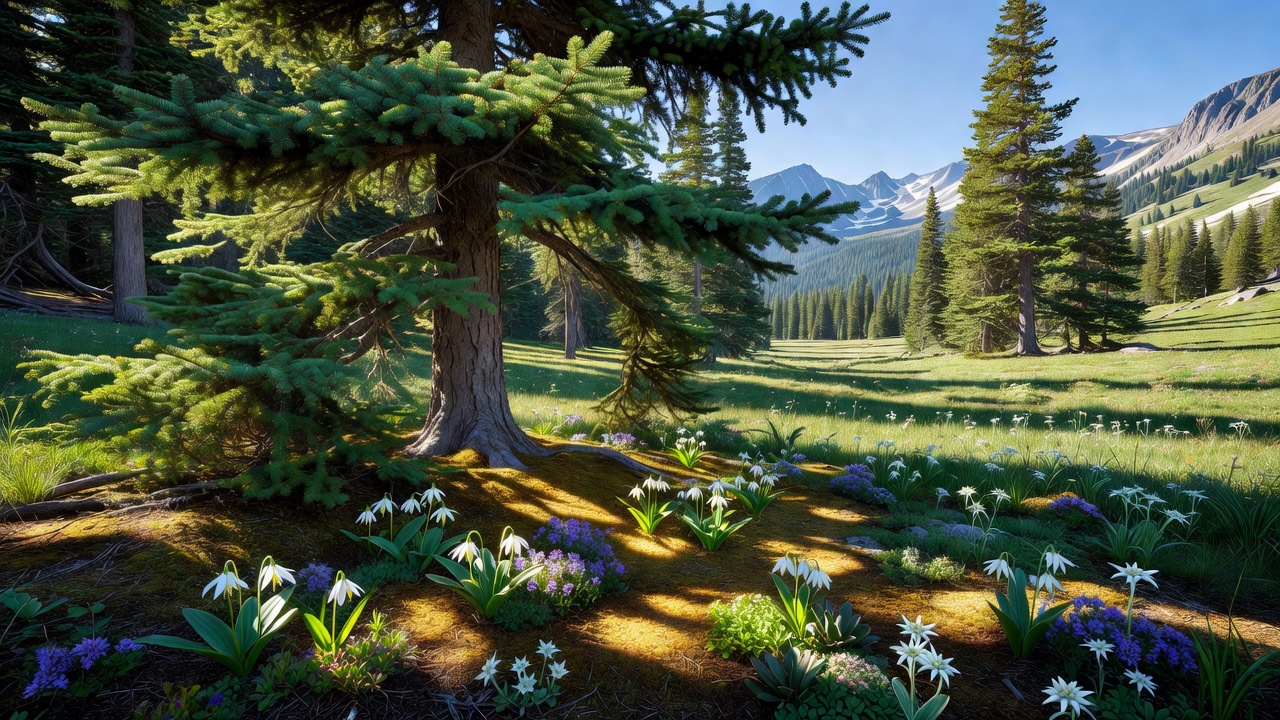 Close-up view of rare alpine understory plants receiving dappled sunlight through gaps in tree crowns