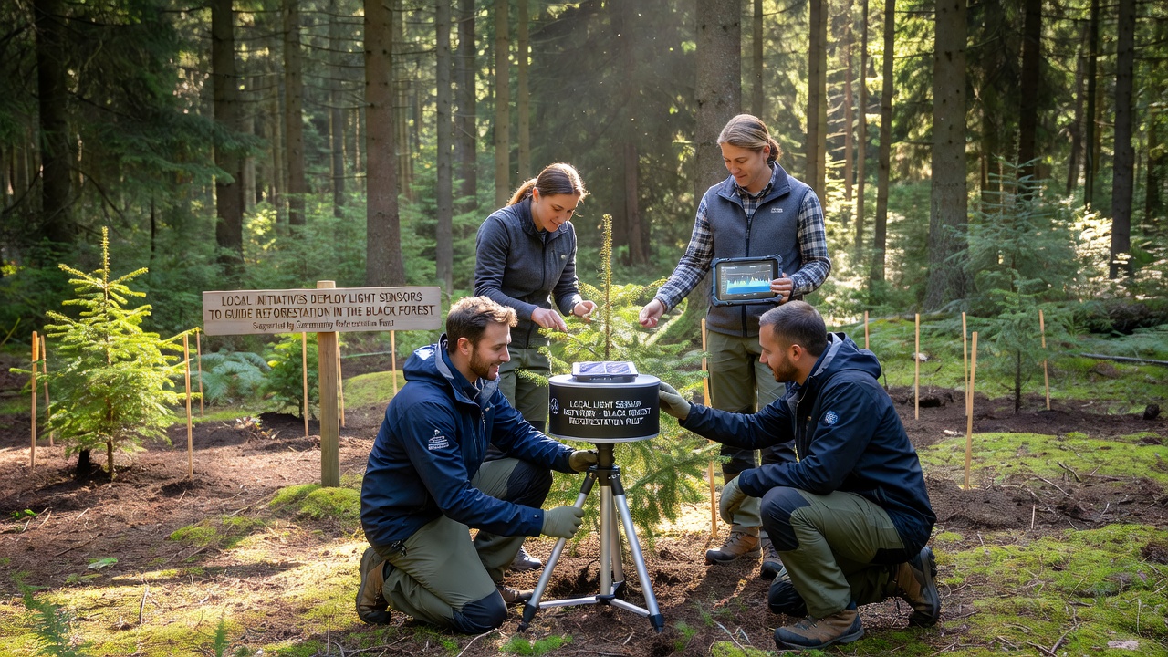 Forestry workers reviewing light sensor data on tablets while planning tree planting locations in a Black Forest clearing
